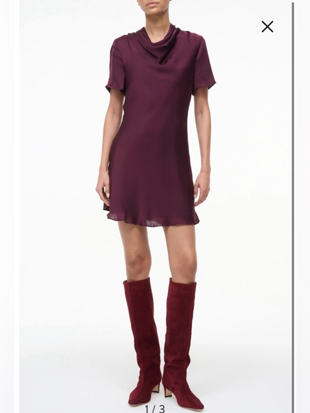 NWOT- STAUD Iris Cowl Neck Stretch Silk Minidress, Eggplant, size Medium